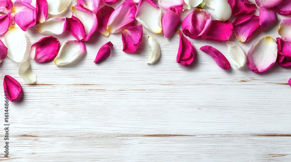 Pink and white rose petals scattered on a white wooden surface. Pink and white rose petals scattered on a white wooden surface.