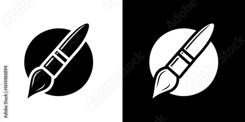 A simple black and white icon set featuring a paintbrush inside a circle, shown in both positive and negative versions.