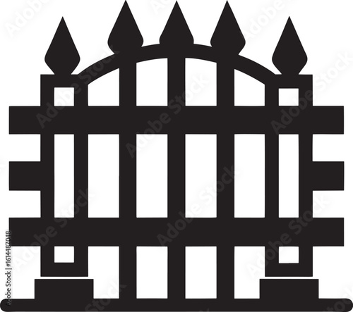 Black wrought iron fence gate with pointed finials isolated on white background