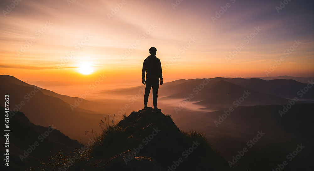 Obraz premium Man Standing on Cliff During Golden Sunset
