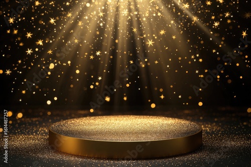 Golden podium bathed in spotlight, glittering particles