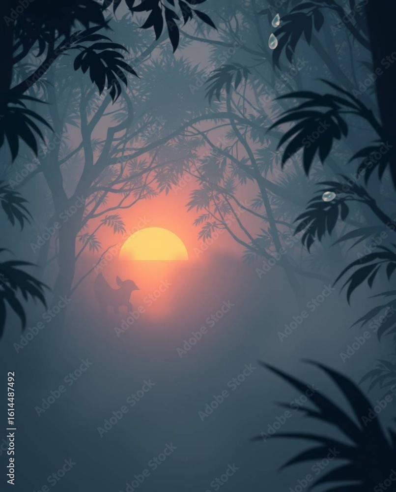 Obraz premium A digital illustration of an adorable and cute creature within a thick fog and a sunset seen through a dense jungle canopy. Low visibility, charming features, and soft light create a heartwarming