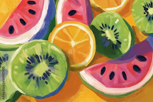 A vibrant painting of juicy watermelon, kiwi, and orange slices artfully arranged on a warm yellow surface, showcasing their bright colors and textures in a painterly style