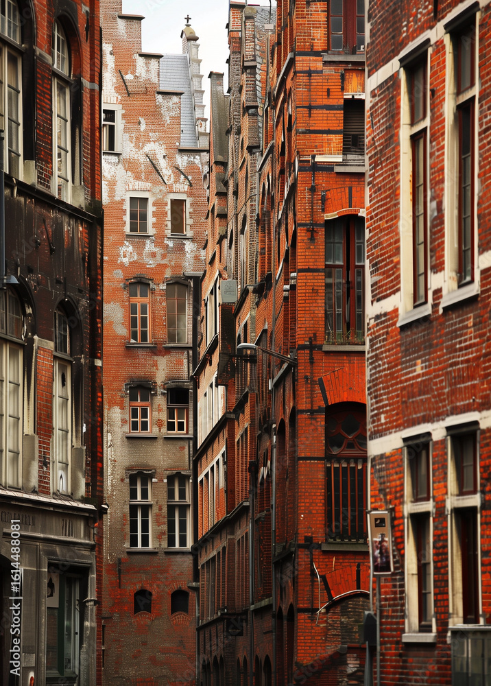 Fototapeta premium Old brick building facade with cobblestone street view