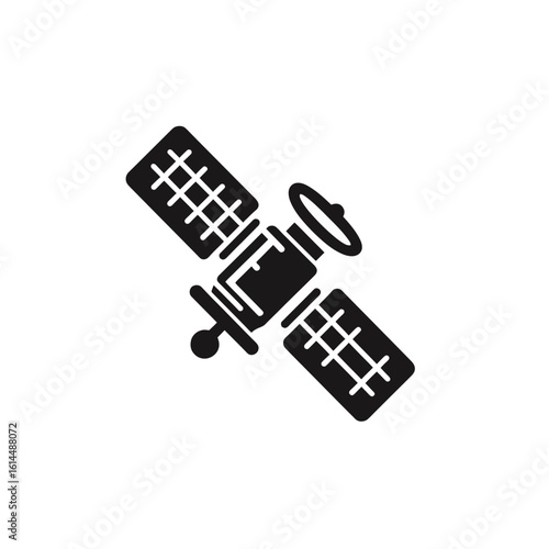 Simple black silhouette icon of a satellite in space.