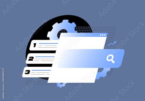 Search ranking optimization, SEO algorithm concept, top search results, content indexing. Search ranking optimization web performance strategy and digital visibility. Modern flat vector illustration