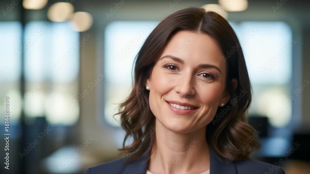 Portrait of a smiling woman in a blazer, looking directly at the camera in an office setting. Portrait of a smiling woman in a blazer, looking directly at the camera in an office setting.