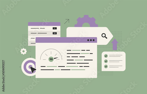 Content optimization strategy with keyword analysis, readability score, SEO checklist process to improve engagement and ranking. Content optimization checker seo tools modern flat vector illustration