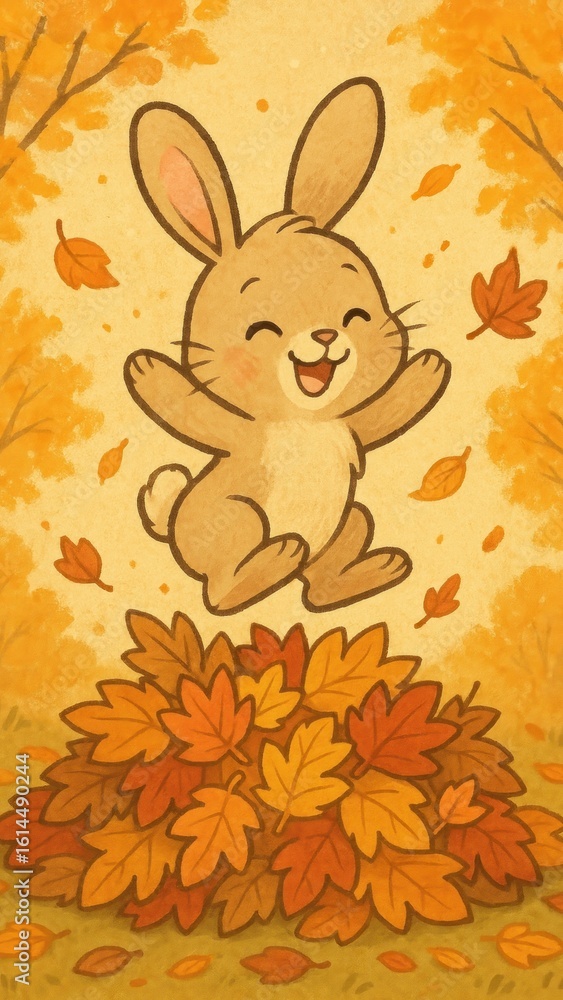 Fototapeta premium Joyful bunny amidst autumn leaves.
