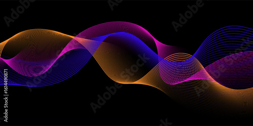 Neon flowing wavy lines on black background. Abstract sound wave design for ai concept, equalizer, audio record, voice assistant. Blue, pink orange gradient curve stripes. Vector wallpaper