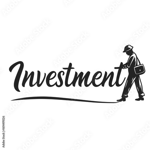 Man with pickaxe and briefcase walking on a line with the word investment