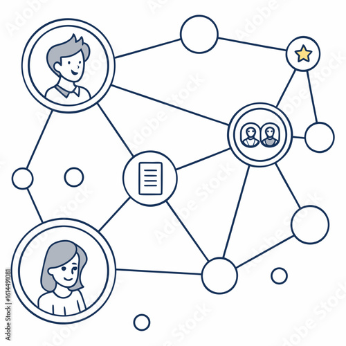 Connected people and document network diagram with star icon