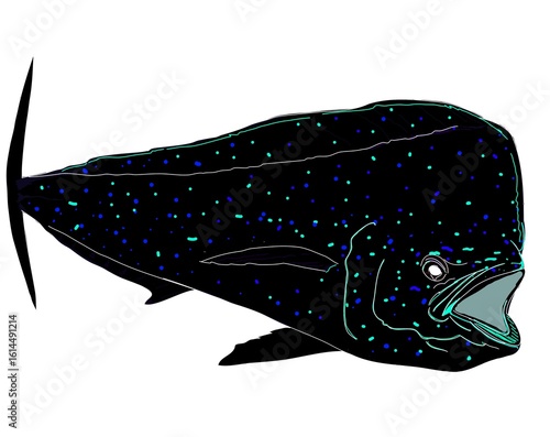 A Mahi silhouette with blue and green spots 
