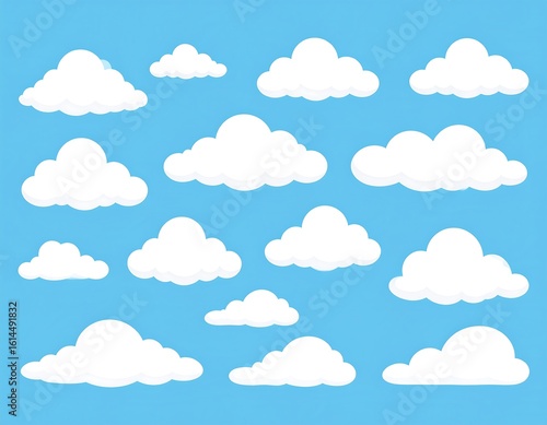 Cartoon clouds against a light blue sky.  Various shapes and sizes of white clouds are depicted