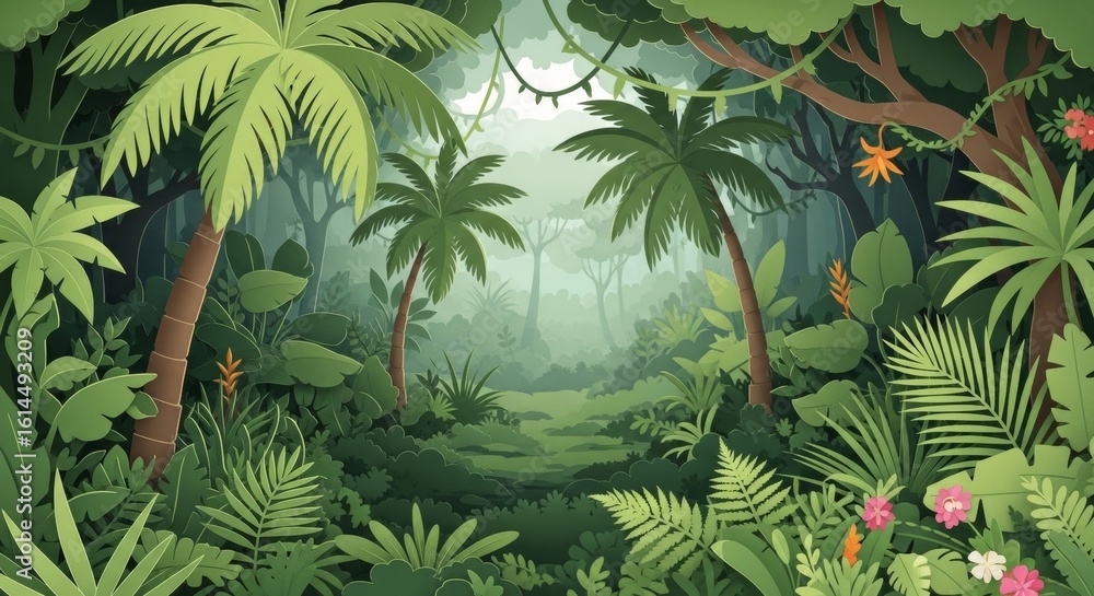 Naklejka premium Lush Green Tropical Rainforest Jungle Paper Cut Illustration
