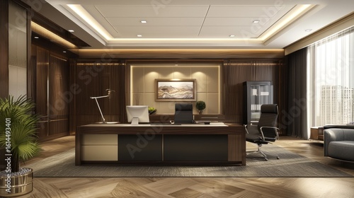 Wallpaper Mural A modern, luxurious office with a wooden desk, black leather chair, and large windows overlooking a city skyline. Torontodigital.ca