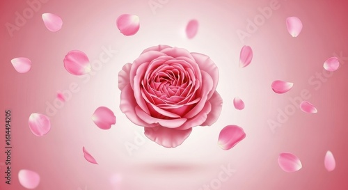 Wallpaper Mural Beautiful pink rose flower with falling petals on a romantic pink background Torontodigital.ca