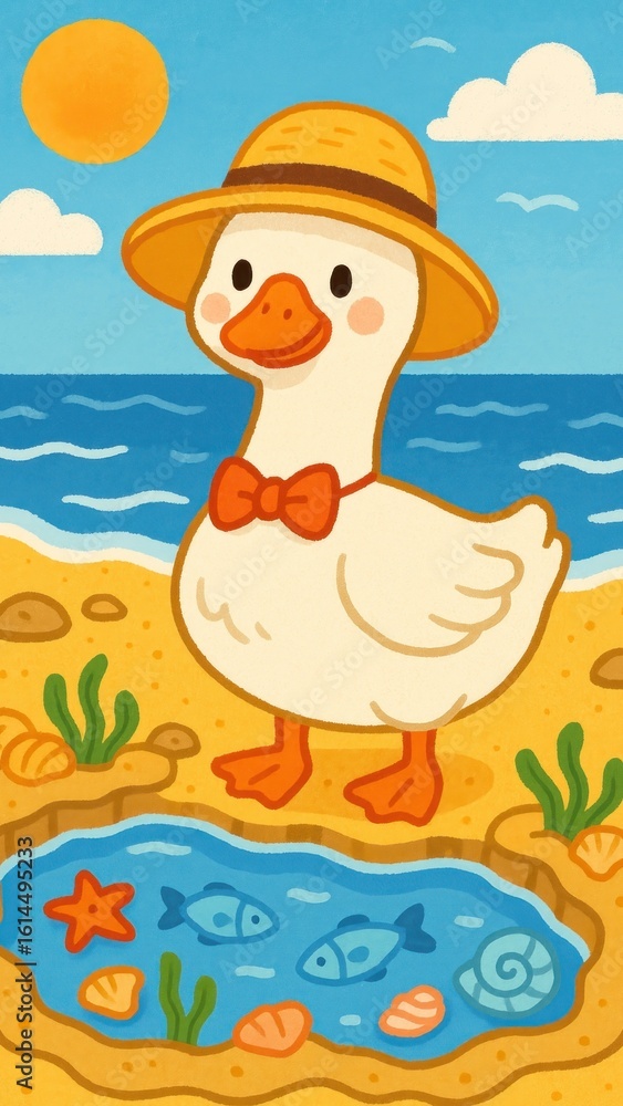 Fototapeta premium Duck enjoys sunny beach day.
