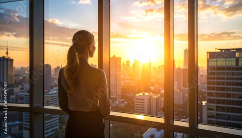 Professional woman contemplating urban sunrise from modern office window perspective