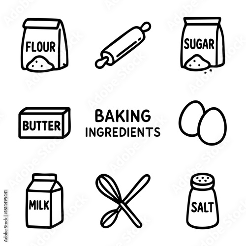 A set of doodle line icons featuring essential baking ingredients and tools including flour, eggs, butter, sugar, milk, and utensils