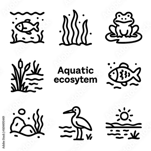 A set of doodle line icons representing various aquatic ecosystem elements like fish, plants, frog, bird, and water landscape