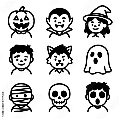 A set of doodle line icons featuring fun Halloween characters including vampire, pumpkin head, witch, ghost, and skeleton