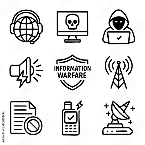 A set of doodle line icons illustrating concepts of information warfare including hacking, communication, censorship, signals, and cyber threats
