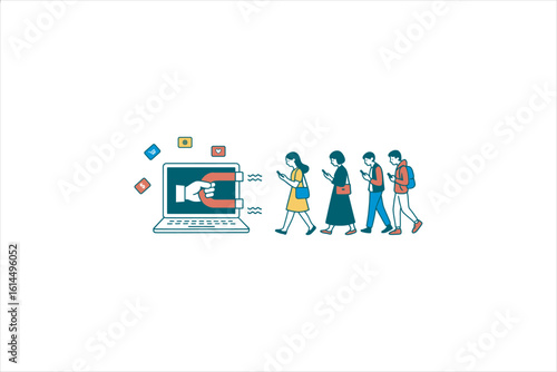 Flat vector of inbound marketing concept — a magnet from a laptop attracts people using smartphones. Represents digital marketing, online engagement, and customer acquisition.