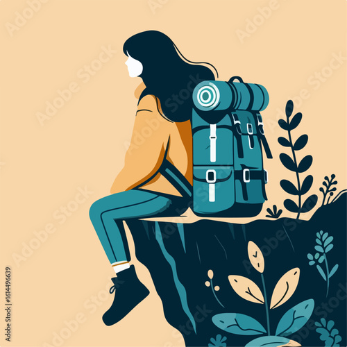 vector illustration of a person carrying a backpack sitting on a cliff