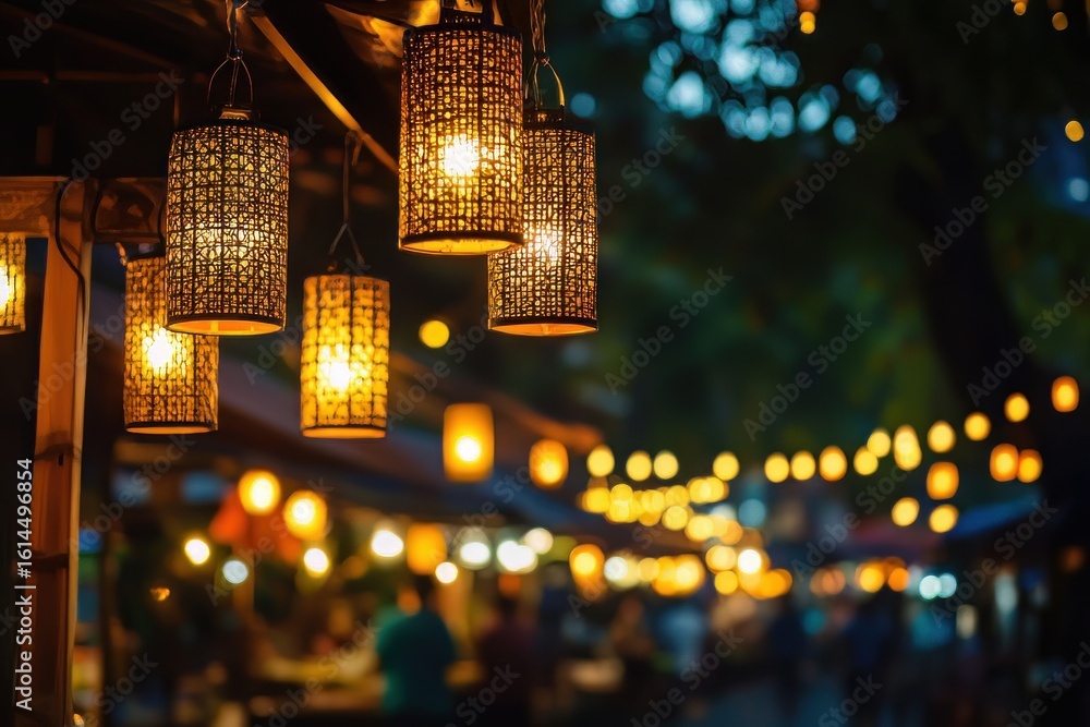 Obraz premium A night market with hanging lanterns casting warm glows over food stalls, inviting and festive ambiance, clean and professional composition, copy space, natural color, minimalism, stock photography