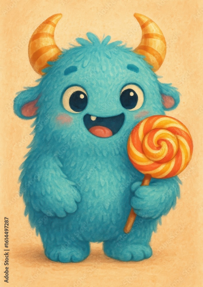 Cute blue monster holding lollipop Cute blue monster holding lollipop