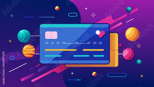 Illustration of a credit card and a debit card with planets and abstract shapes in the background