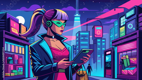 Woman with visor and ponytail using tablet in futuristic cityscape at night with bright neon lights
