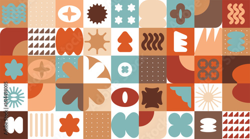 Abastract Geometric Bauhaus Pattern Earth tone color, square, star, flower, triangle, seamless pattern, background template, design element