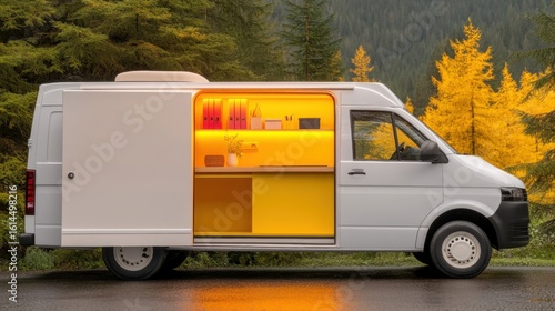 Mobile van with bright yellow interior.