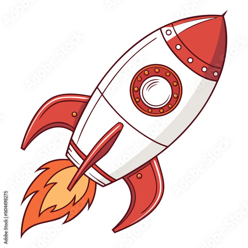 Retro cartoon vector illustration of a launching rocket ship.