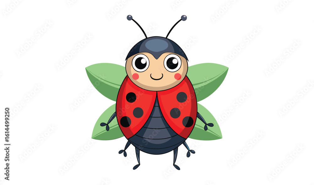Fototapeta premium Cute cartoon ladybug with green wings and a friendly smile