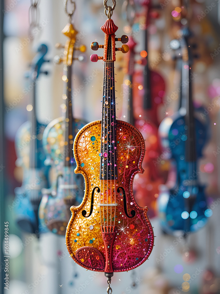 Naklejka premium Colorful sparkly violins hanging