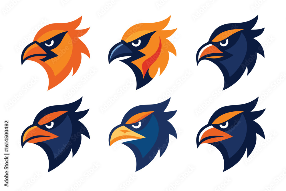 Naklejka premium Vector art of a set of intense bird head logos isolated on white background for sports teams