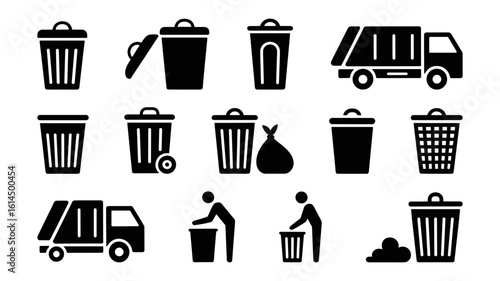 Collection of trash cans recycling bins and garbage trucks icons