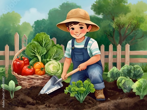 Cute cartoon boy gardening with a shovel and vegetables in watercolor style. Cartoon character illustration.