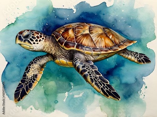 Watercolor illustration of a sea turtle. Animal watercolor illustration.
