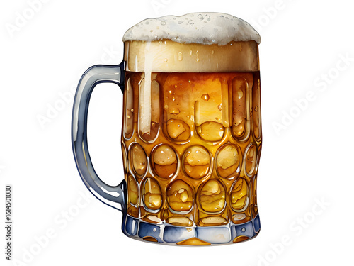 Watercolor illustration of beer glass with foam.