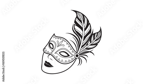 Ornate venetian masquerade mask with feather detail hand drawn sketch