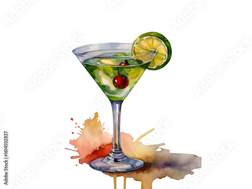 Watercolor illustration of a classic martini cocktail. Cocktail drink watercolor illustration on transparent background.