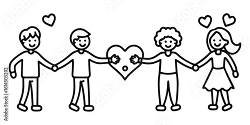 Group of diverse people holding hands expressing love and supporting a shared heart symbol