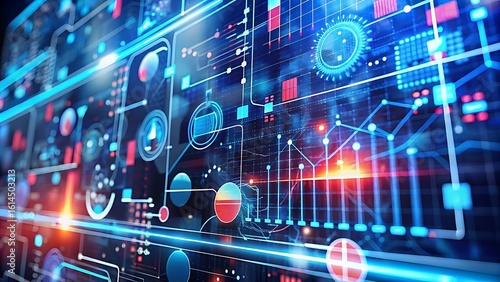 Abstract futuristic technology background with glowing lines charts and data visualization