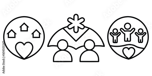 Icons representing home family and protection illustrated in a simple minimalist style.