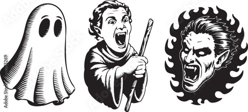 Detailed Woodcut Style Halloween Vector Illustration of Scary Characters