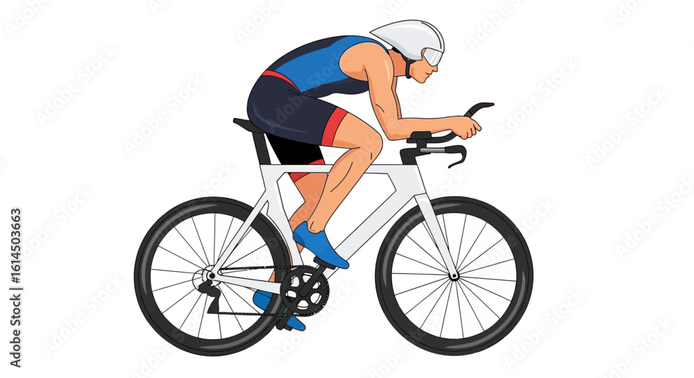 Fototapeta premium Cyclist illustration. Professional athlete riding a road racing bike wearing aerodynamic gear and helmet. Vector illustration.